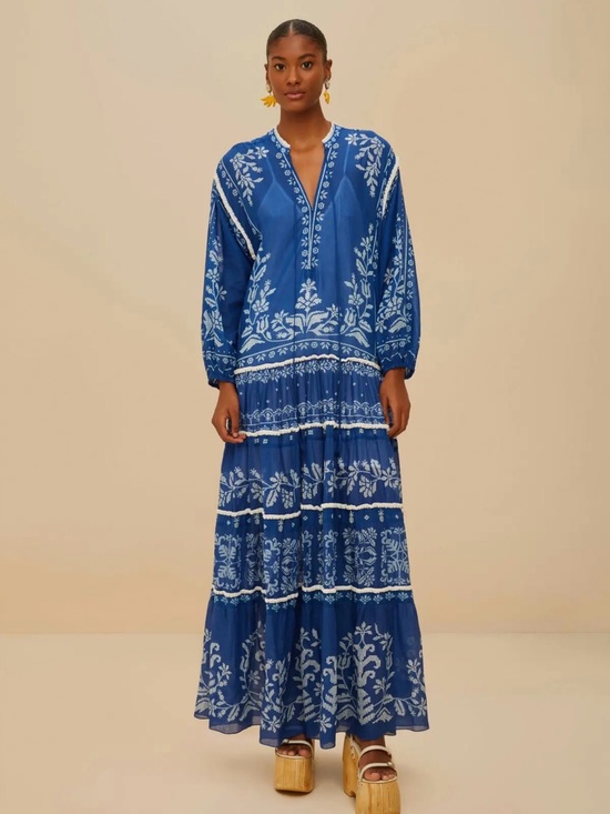 FARM Rio Dresses & Skirts - FARM Rio Blue Tropical Cross Stitch Tiered Maxi Dress Medium